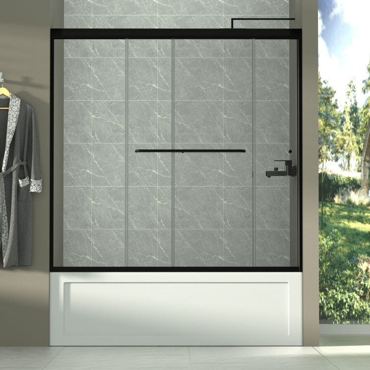 Matte Black Semi-Frameless Sliding Bathtub Door with Clear Glass