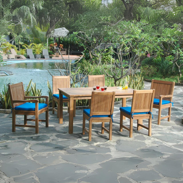 Montage 7-Piece Teak Outdoor Dining Set with Blue Cushions