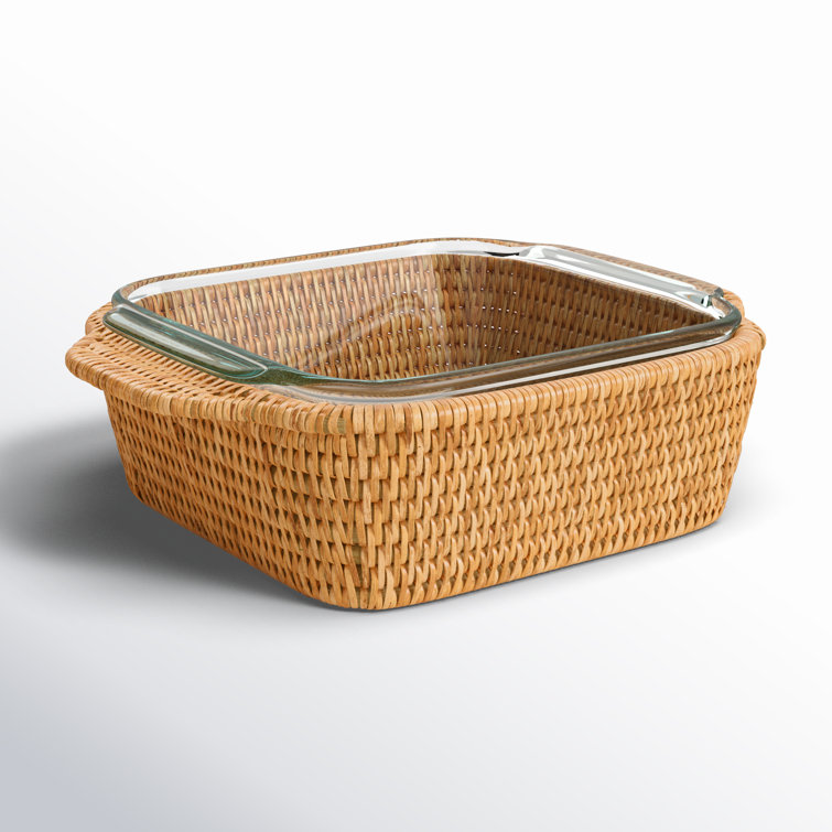 Honey Brown Square Rattan Baker Basket with Glass Dish