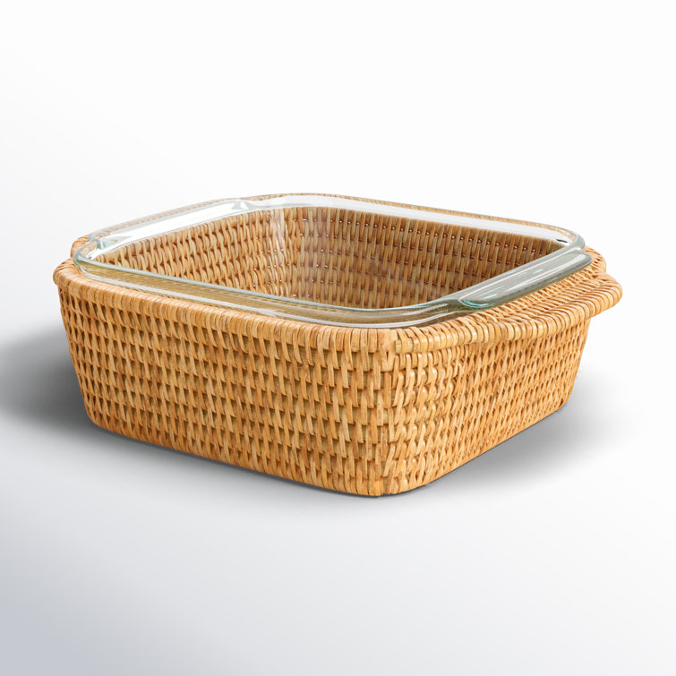 Honey Brown Square Rattan Baker Basket with Glass Dish