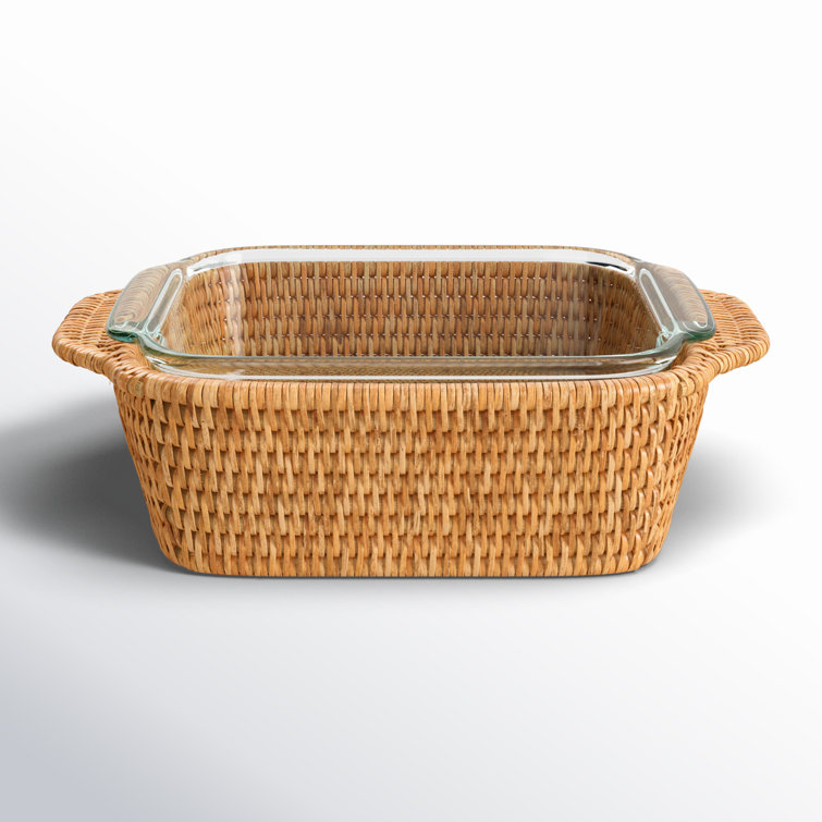Honey Brown Square Rattan Baker Basket with Glass Dish