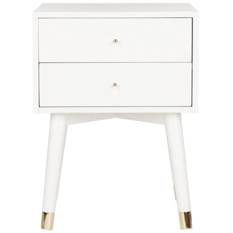 White Mid-Century Modern 2-Drawer Nightstand with Gold Accents
