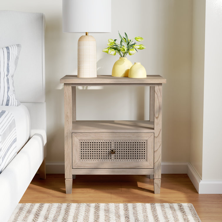 Desert Sand Solid Wood Nightstand with Cane Drawer