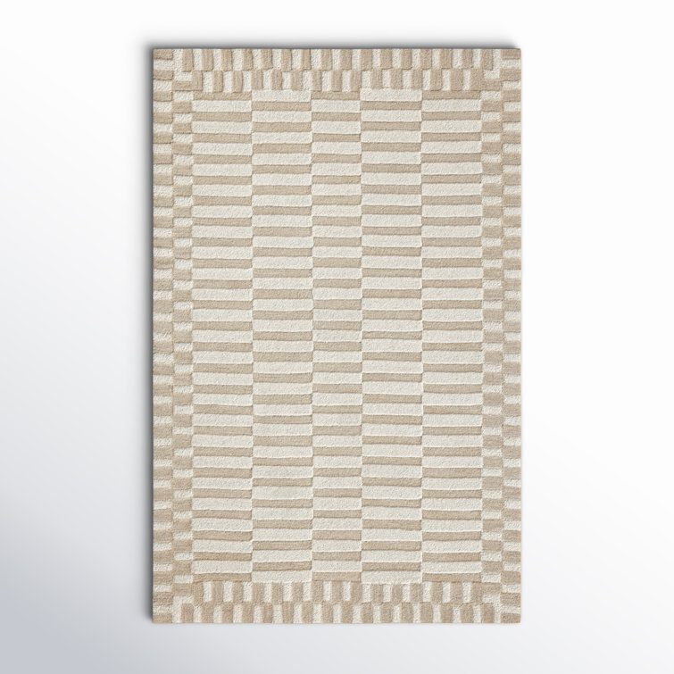 Ivory and Beige Handmade Wool Striped Rectangular Rug