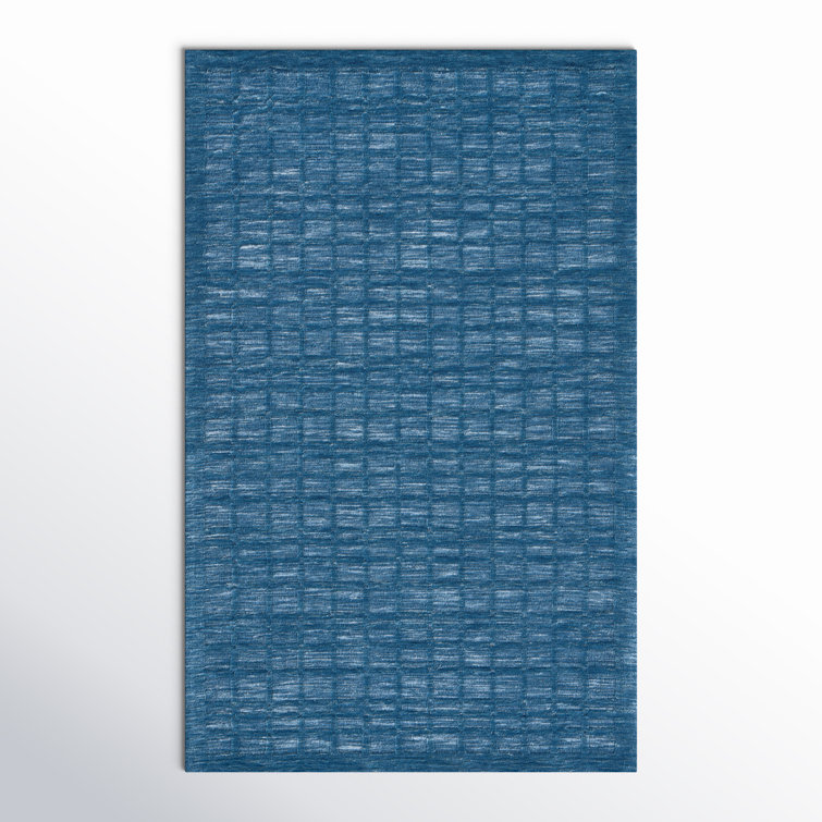 Handwoven Blue Wool Rectangular Stain-Resistant Rug