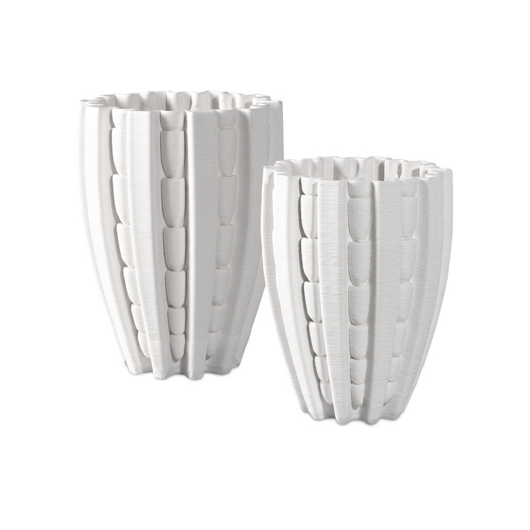 White Ceramic Fluted Decorative Table Vase, 10"