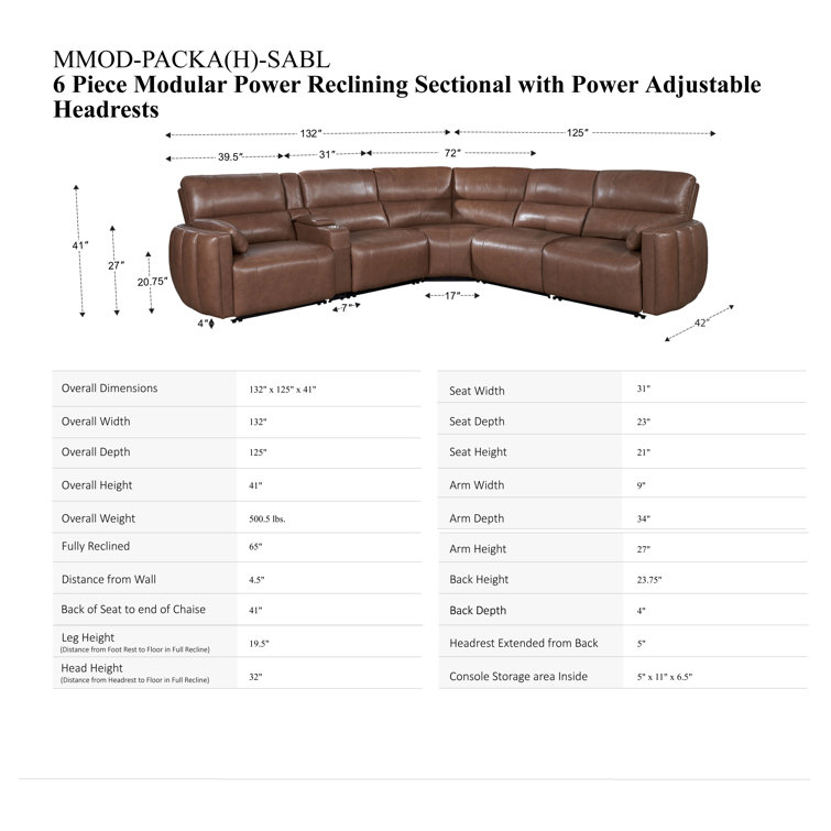 Sable Brown Leather Six-Piece Power Reclining Sectional with Cup Holder