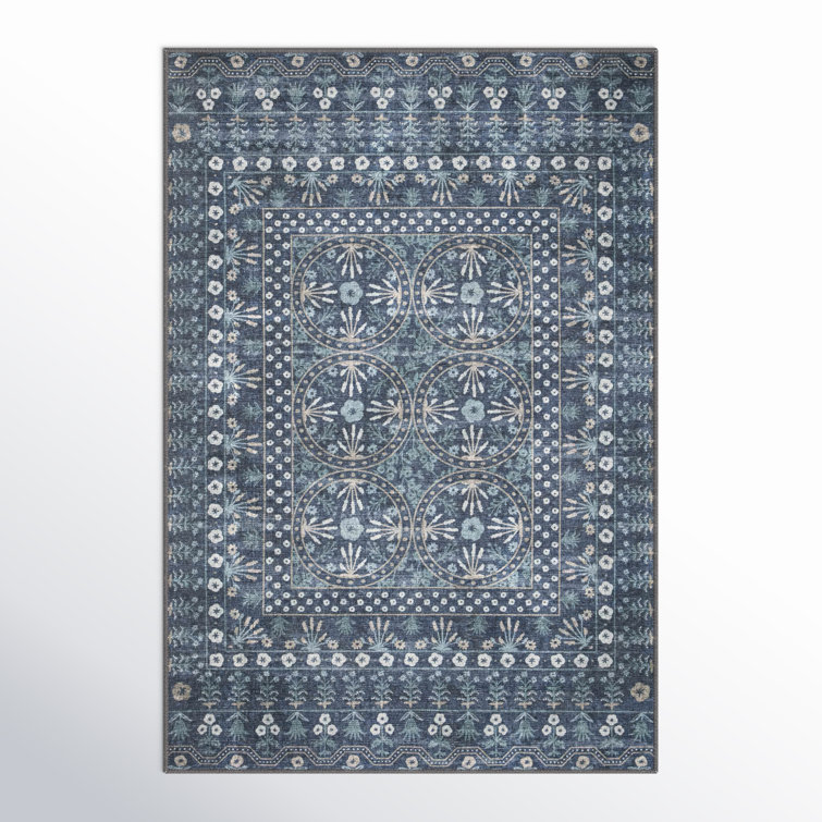 Rosette Blue Flat Woven Wool Synthetic Area Rug