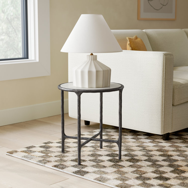 White Marble Round End Table with Black Metal Base