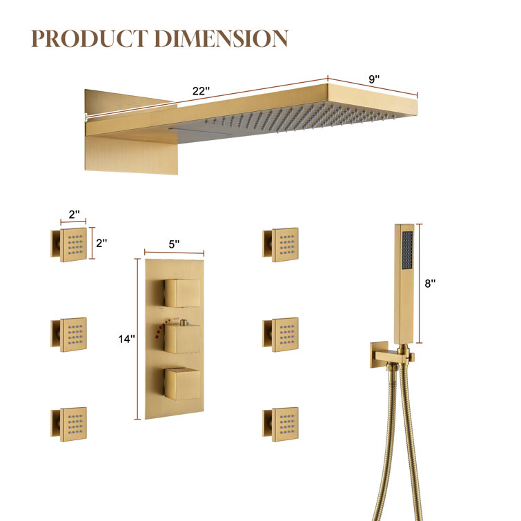 Brushed Gold Dual Rectangle Ceiling Mount Shower System with Body Jets