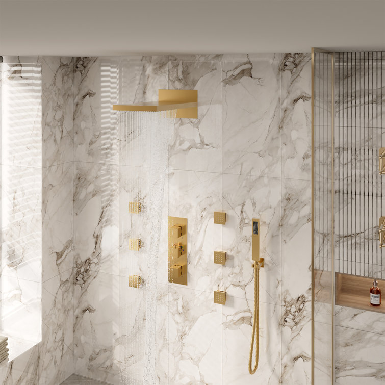 Brushed Gold Dual Rectangle Ceiling Mount Shower System with Body Jets
