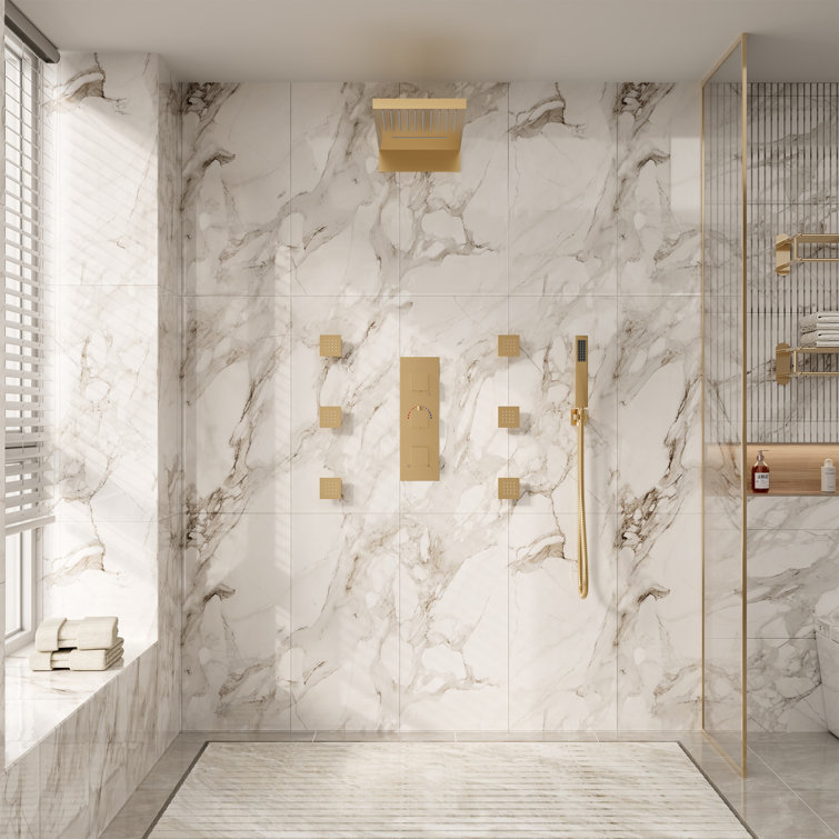 Brushed Gold Dual Rectangle Ceiling Mount Shower System with Body Jets