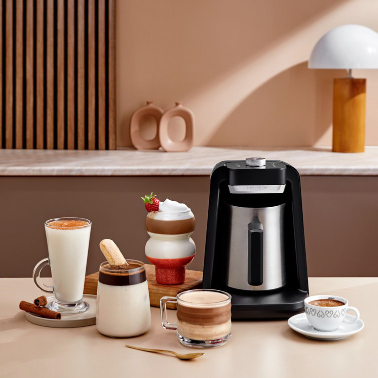 Chrome and Black Stainless Steel Turkish Coffee Maker with Auto Shut-Off