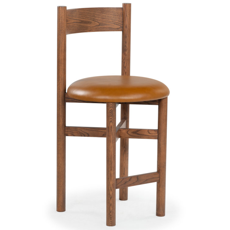 Walnut Brown Wood and Leather Counter Stool