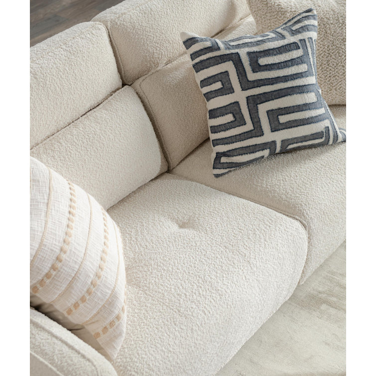 Ivory Boucle Pillow Back Reclining Sofa with Ash Wood Accents