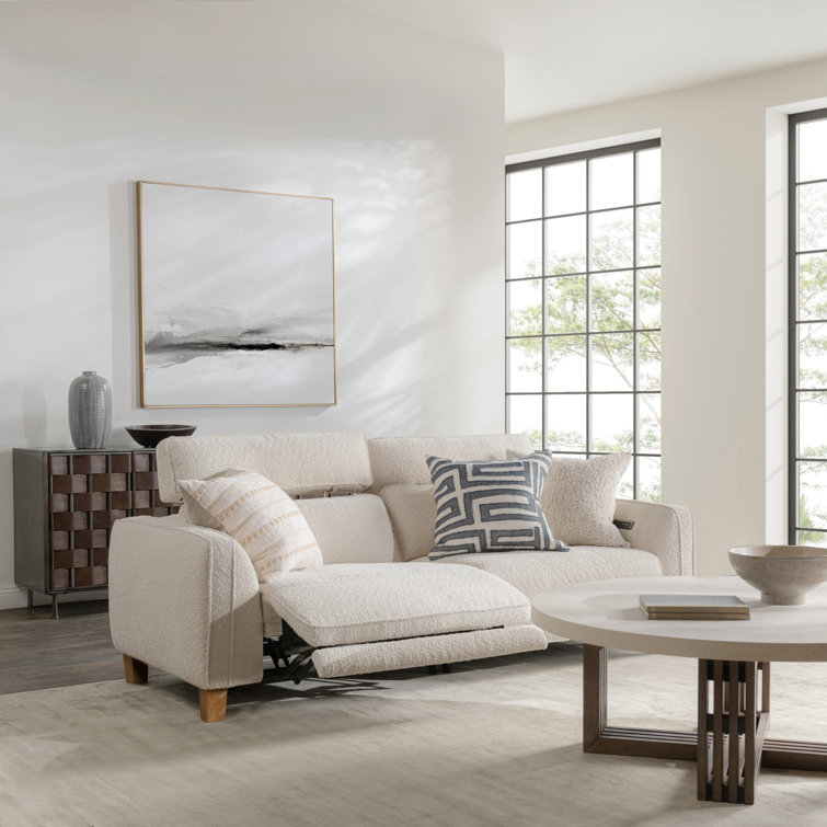 Ivory Boucle Pillow Back Reclining Sofa with Ash Wood Accents