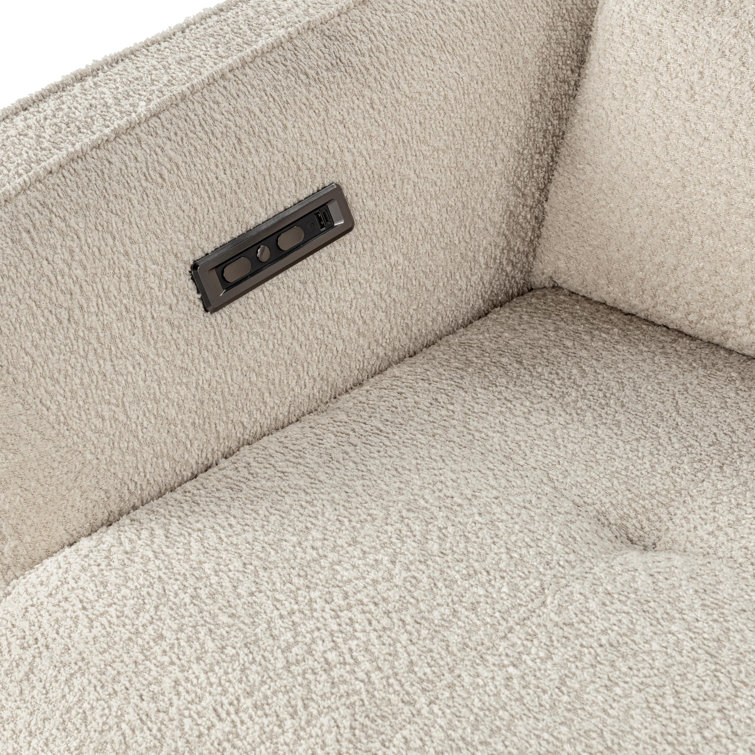Ivory Boucle Pillow Back Reclining Sofa with Ash Wood Accents