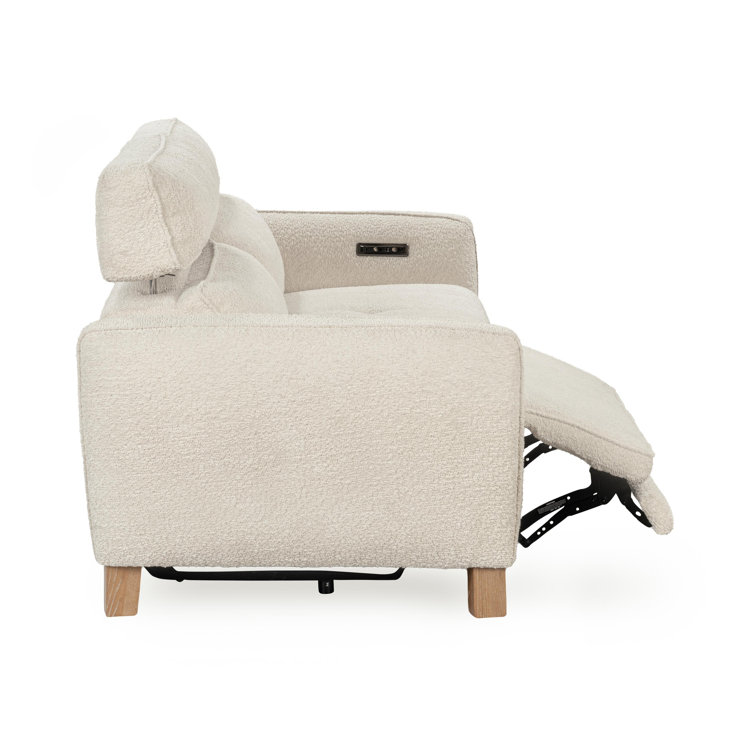 Ivory Boucle Pillow Back Reclining Sofa with Ash Wood Accents