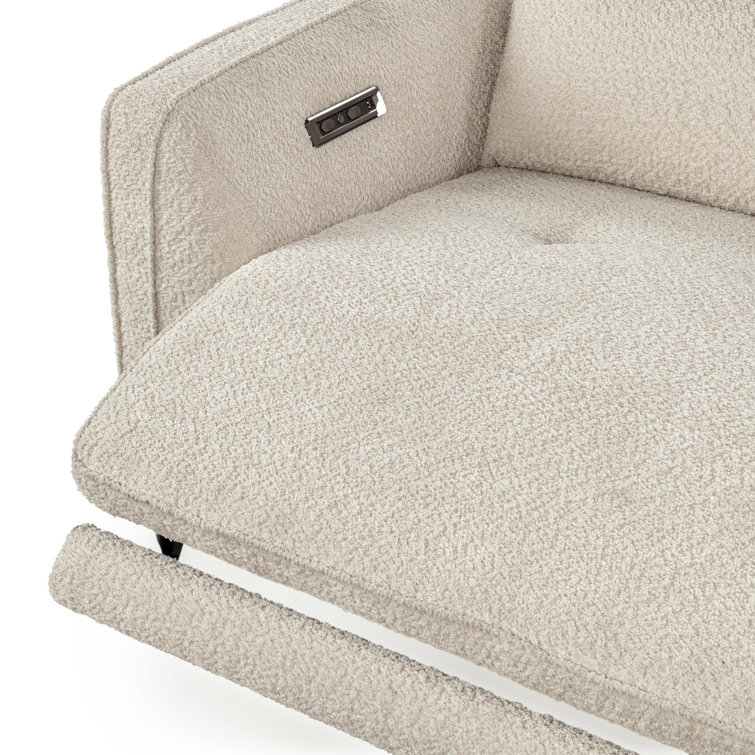 Ivory Boucle Pillow Back Reclining Sofa with Ash Wood Accents