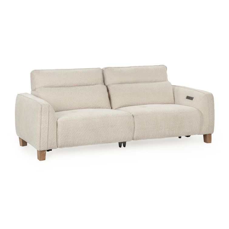 Ivory Boucle Pillow Back Reclining Sofa with Ash Wood Accents