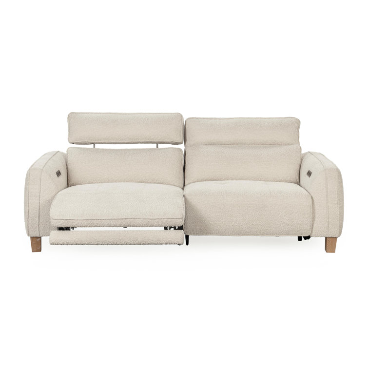 Ivory Boucle Pillow Back Reclining Sofa with Ash Wood Accents