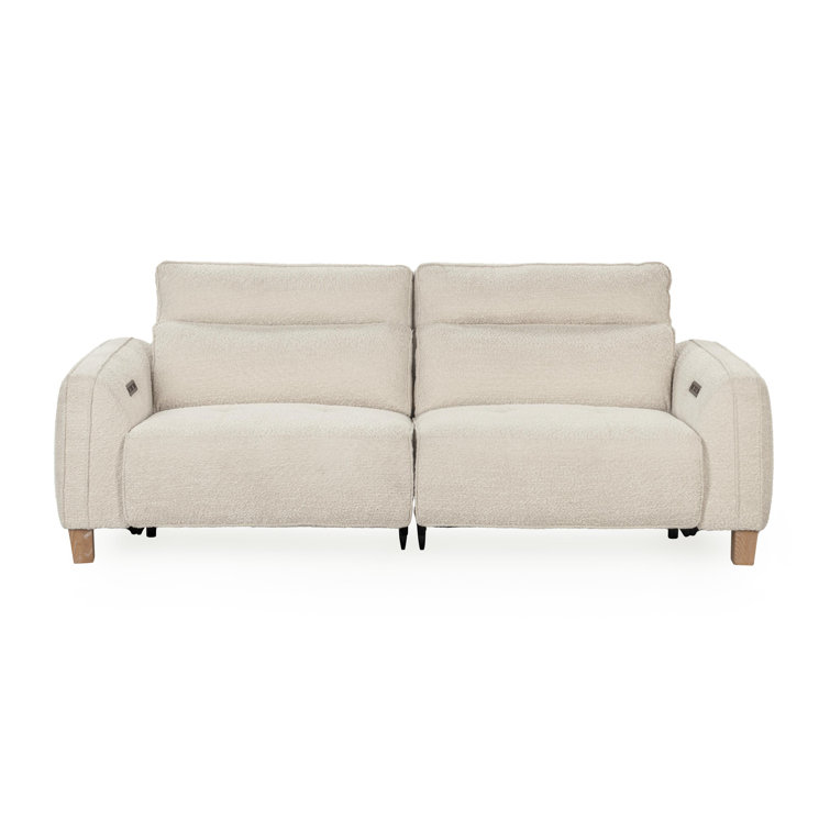 Ivory Boucle Pillow Back Reclining Sofa with Ash Wood Accents