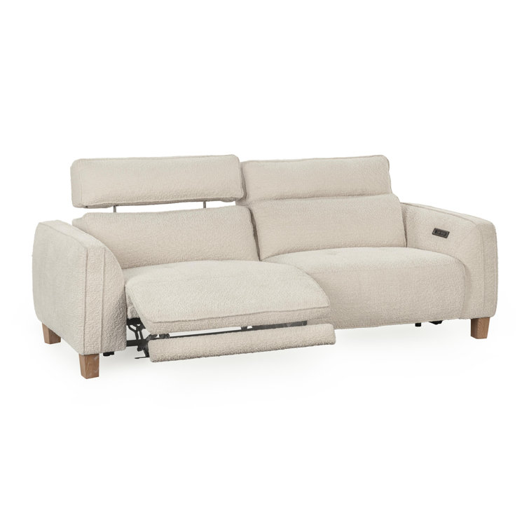 Ivory Boucle Pillow Back Reclining Sofa with Ash Wood Accents