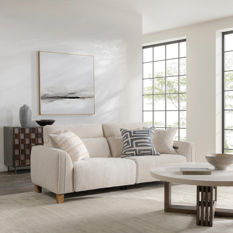 Ivory Boucle Pillow Back Reclining Sofa with Ash Wood Accents