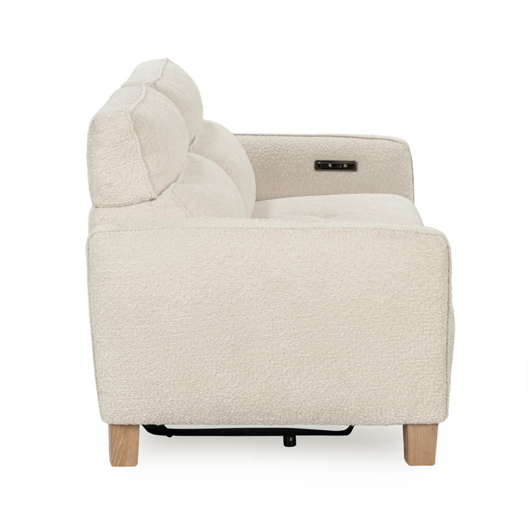 Ivory Boucle Pillow Back Reclining Sofa with Ash Wood Accents