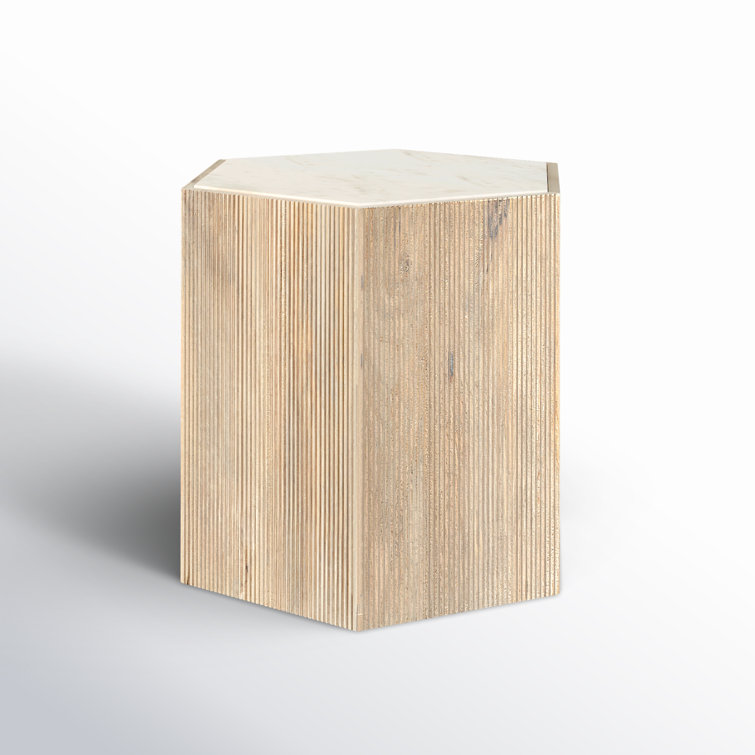 Hexagon Light Wood and White Marble Accent Table