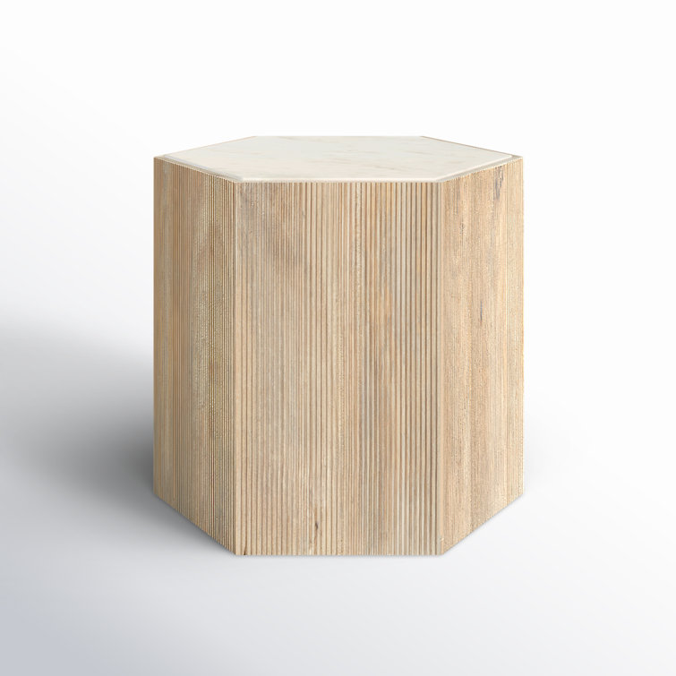 Hexagon Light Wood and White Marble Accent Table