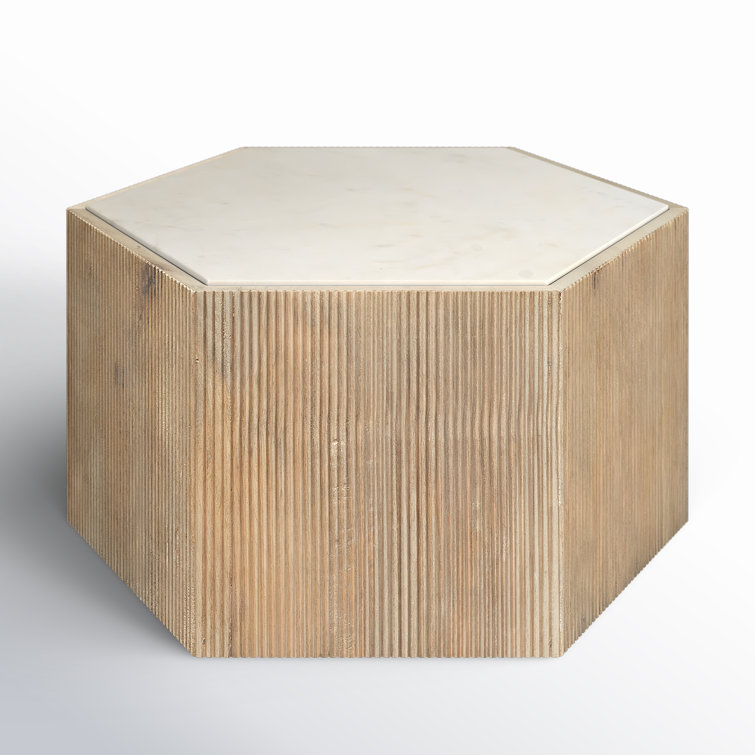 Round Washed Mango Wood and White Marble Side Table