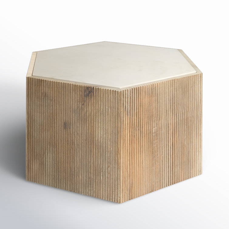 Round Washed Mango Wood and White Marble Side Table