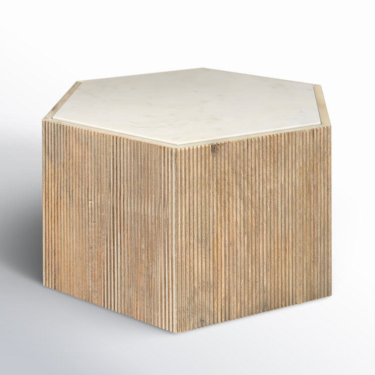 Round Washed Mango Wood and White Marble Side Table