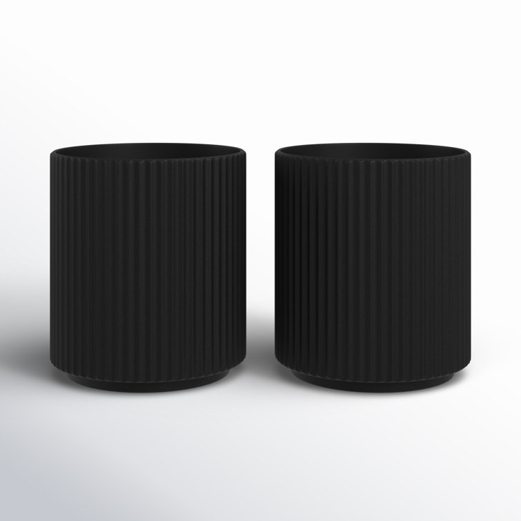 Black Fluted Plastic-Stone Round Planter Set