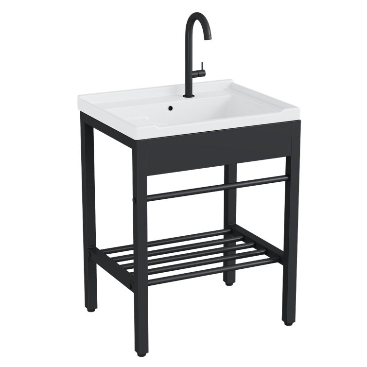 24" White Ceramic Freestanding Laundry Sink with Black Metal Frame