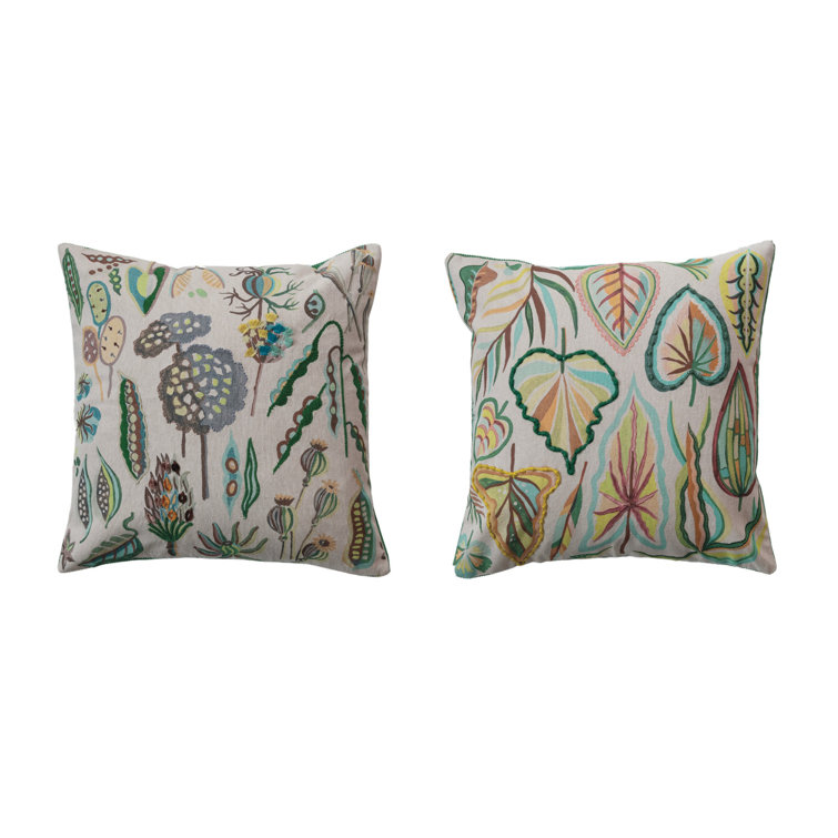 Botanical Embroidered Cotton Square Throw Pillow Set