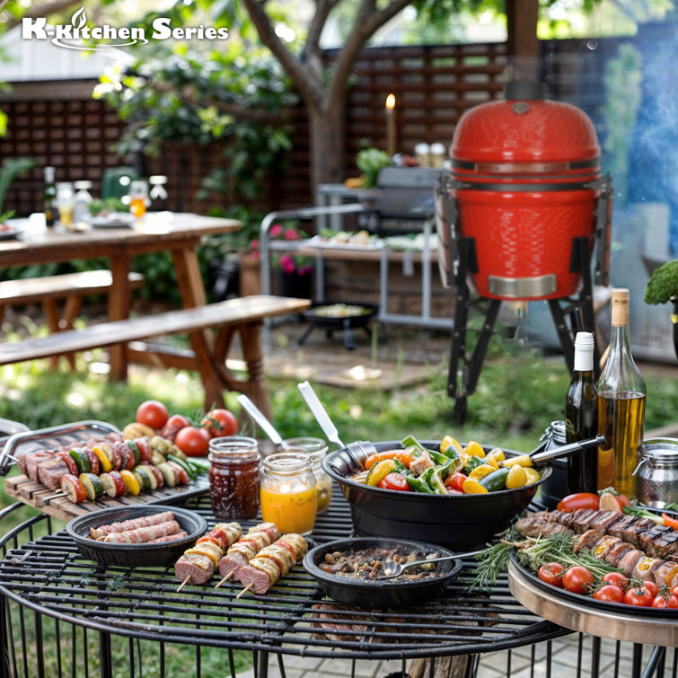 Kalamera 18'' Red Ceramic Kamado Charcoal Grill with Folding Shelves