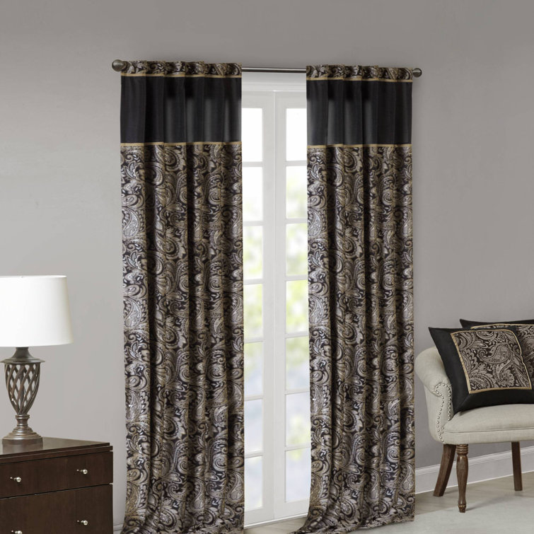 Black Faux Silk Jacquard Light-Filtering Curtain Panel Pair