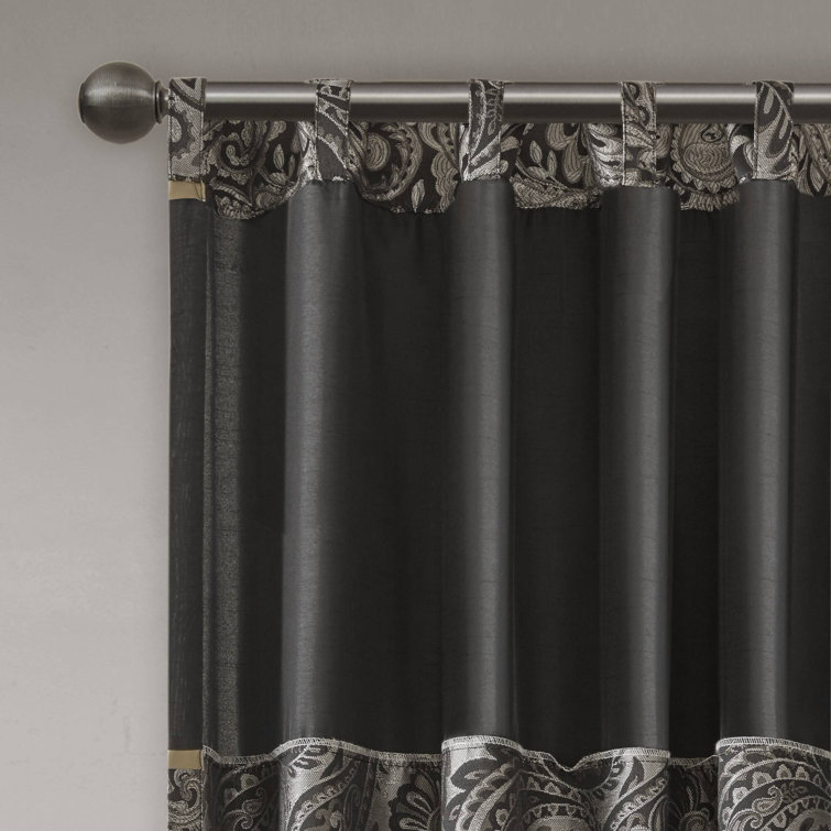 Black Faux Silk Jacquard Light-Filtering Curtain Panel Pair