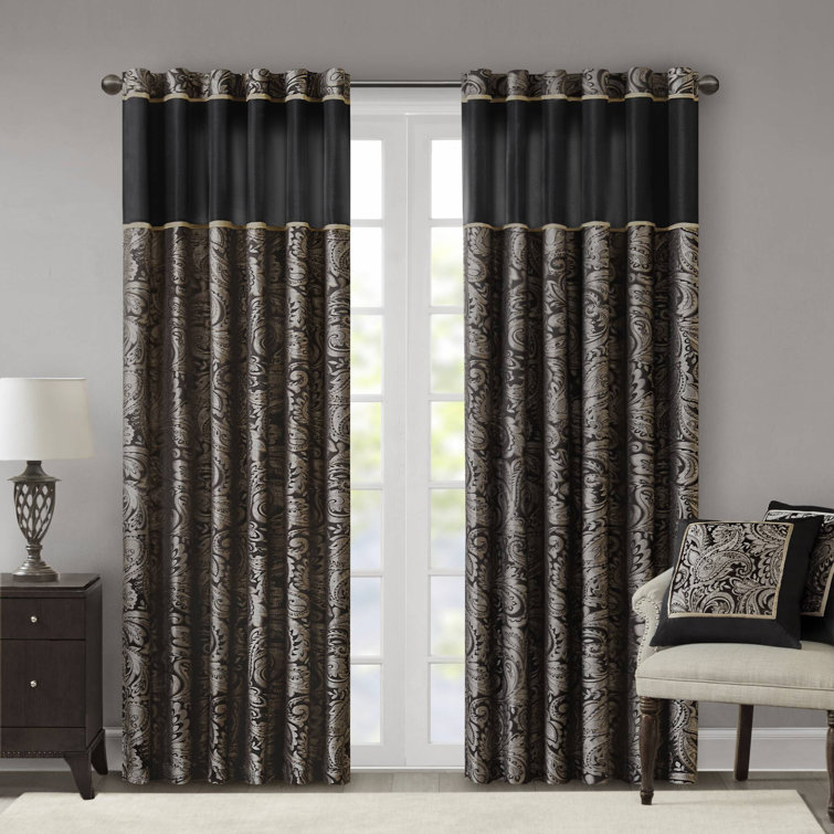 Black Faux Silk Jacquard Light-Filtering Curtain Panel Pair