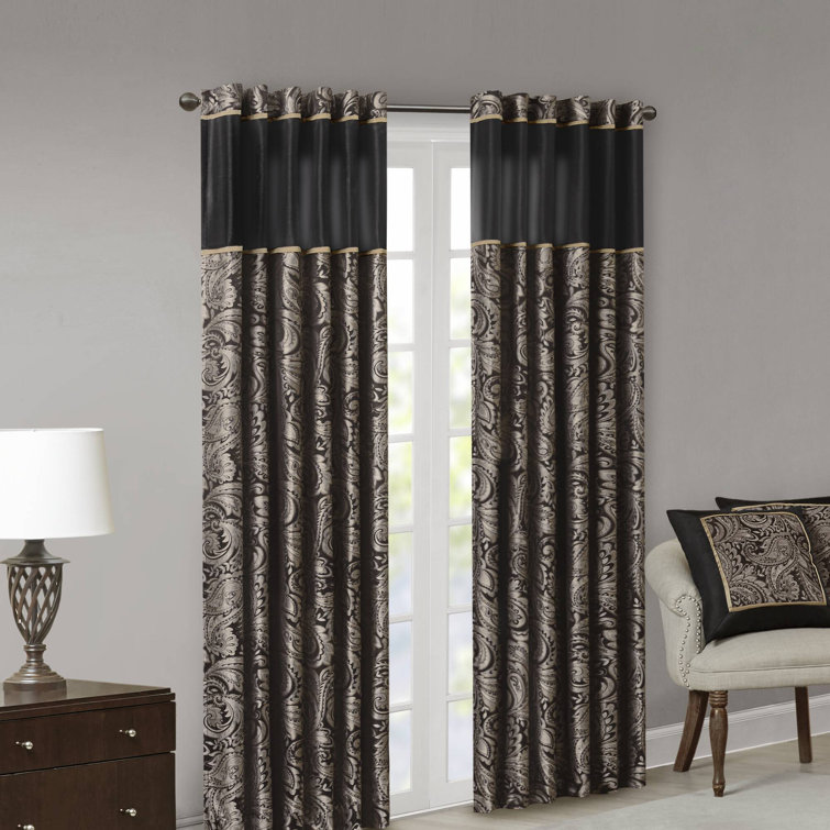 Black Faux Silk Jacquard Light-Filtering Curtain Panel Pair