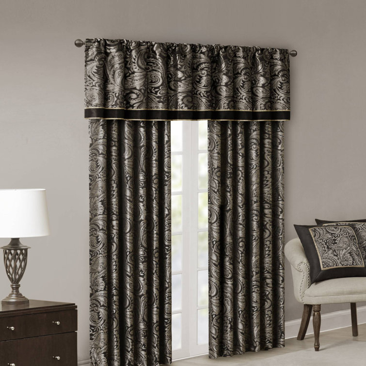 Black Faux Silk Jacquard Light-Filtering Curtain Panel Pair