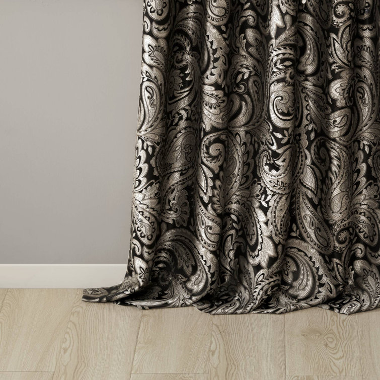 Black Faux Silk Jacquard Light-Filtering Curtain Panel Pair