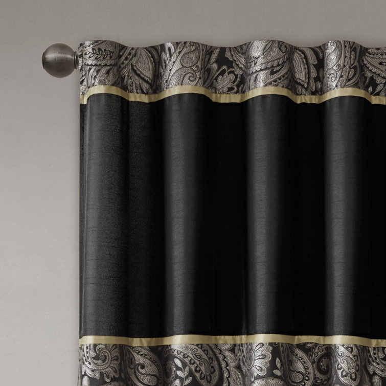 Black Faux Silk Jacquard Light-Filtering Curtain Panel Pair