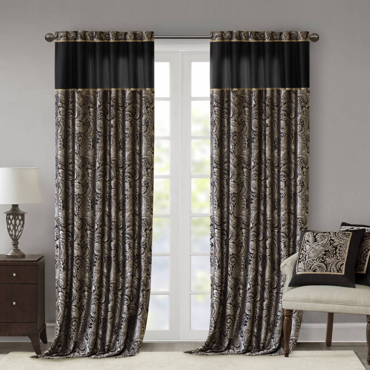 Black Faux Silk Jacquard Light-Filtering Curtain Panel Pair
