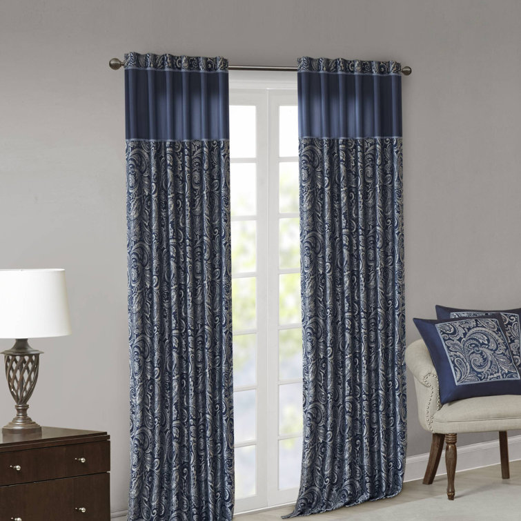 Navy Faux Silk Paisley Jacquard Light-Filtering Drapes, 50"x84"