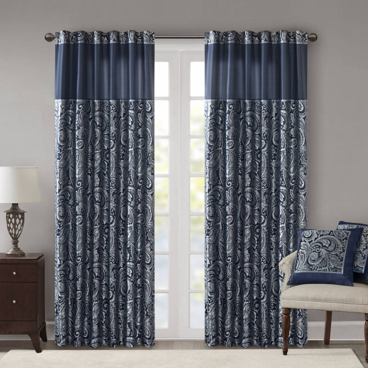 Navy Faux Silk Paisley Jacquard Curtain Panel Pair