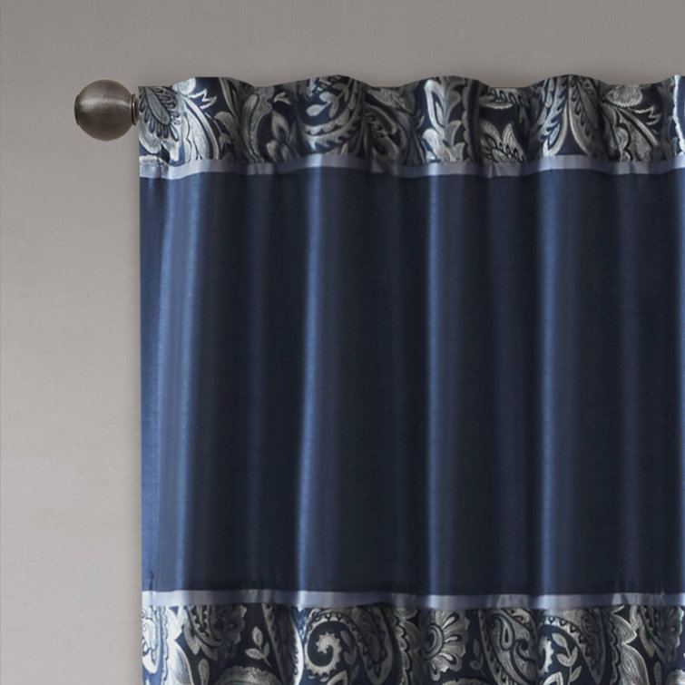 Navy Faux Silk Paisley Jacquard Curtain Panel Pair