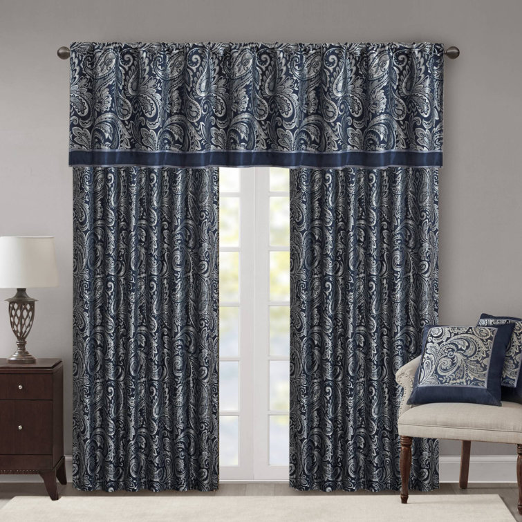 Navy Faux Silk Paisley Jacquard Curtain Panel Pair